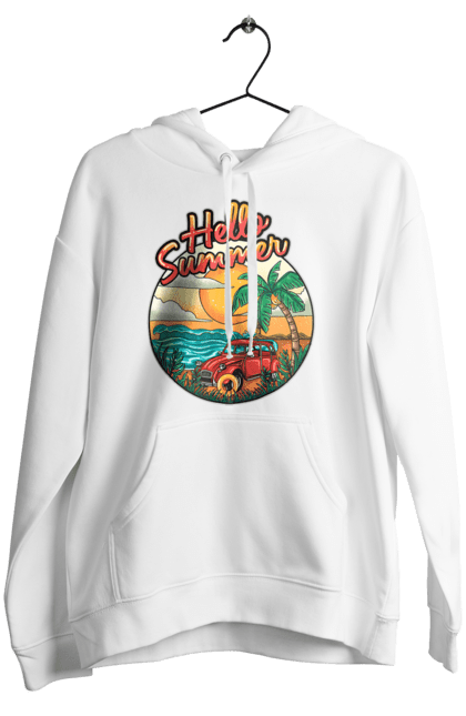 Women`s hoodie with prints Hello Summer, Car By The Sea. Beach, island, palm, summer. 2070702