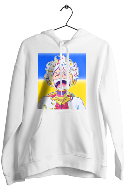 Женское худи с принтом Монки д Луффи смеется на желтом синем фоне.. Ван пис, луффи, монки д. луффи, символ украины, украина, флаг украины. 2070702