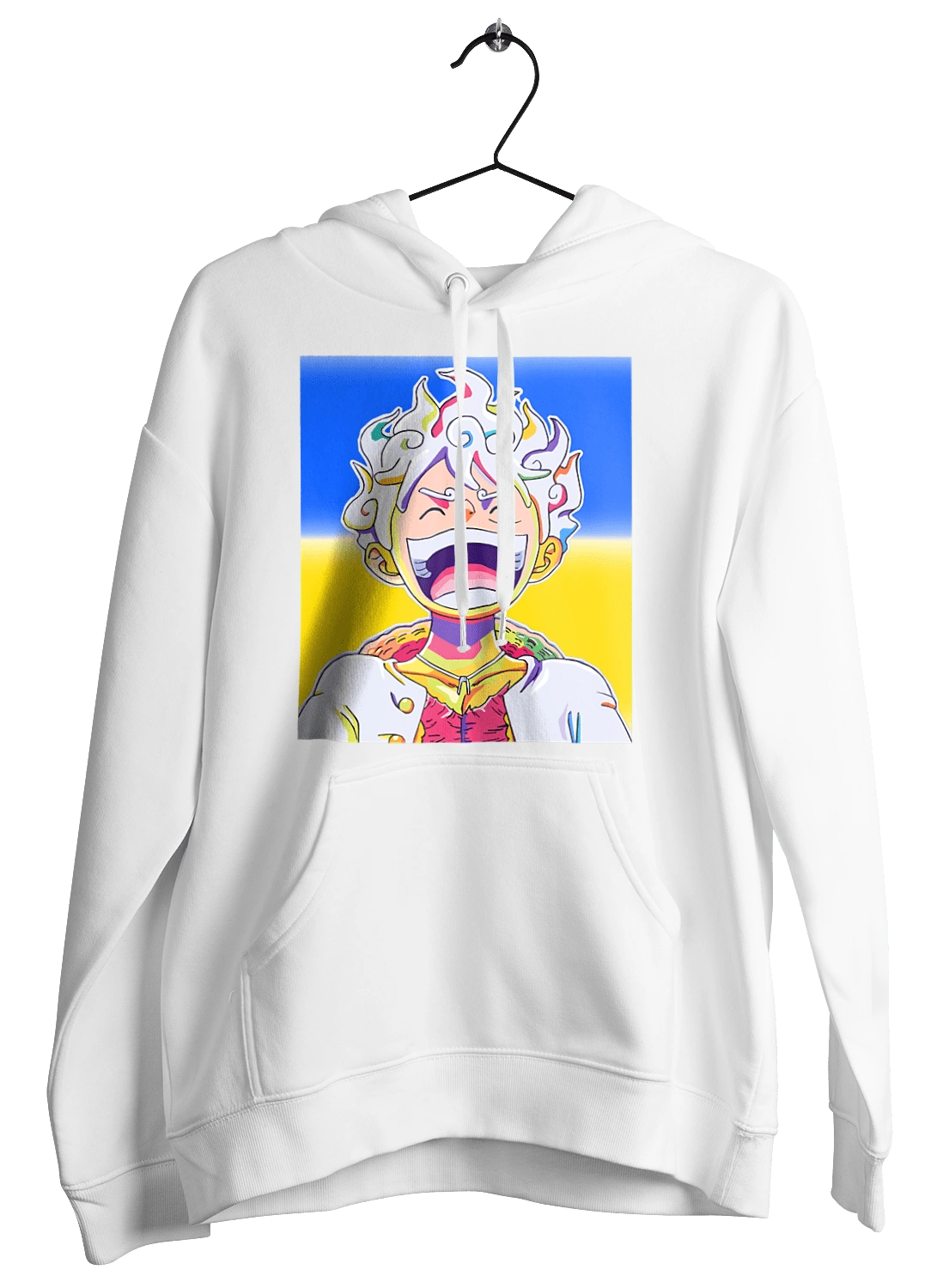 Monkey D Luffy laughing on a yellow blue background