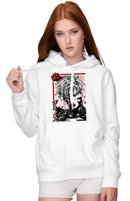 Women's hoodie with prints One Punch Man Genos. Anime, comedy, cyborg, demon, demon cyborg, genos, manga, one punch man, parody, superheroes. 2070702