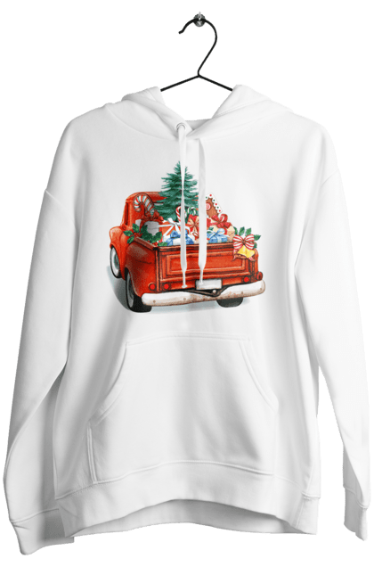 Women`s hoodie with prints Car with gifts. Car, christmas, new year, presents, santa, tree. 2070702