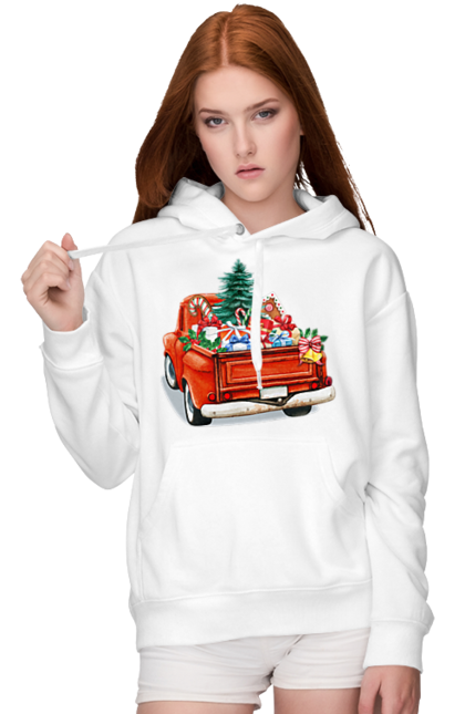Women`s hoodie with prints Car with gifts. Car, christmas, new year, presents, santa, tree. 2070702