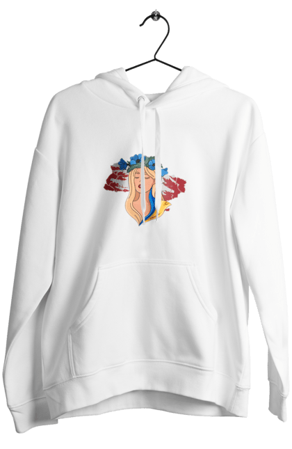 Women`s hoodie with prints Girl on the map of Ukraine. Blue, flag, flowers, girl, girl on the map, map of ukraine, red, ukraine, yellow. 2070702