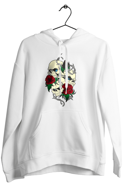 Women's hoodie with prints Skulls with roses. Bones, eyes, flowers, leaves, rose flower, roses, scull, spikes, teeth. 2070702