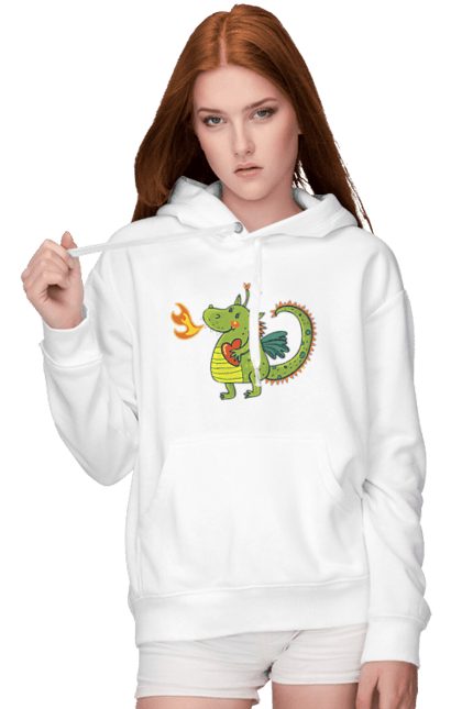 Women's hoodie with prints Dragon in love. Dragon, fire, green dragon, heart, hearts, love, new year, symbol 2024. 2070702