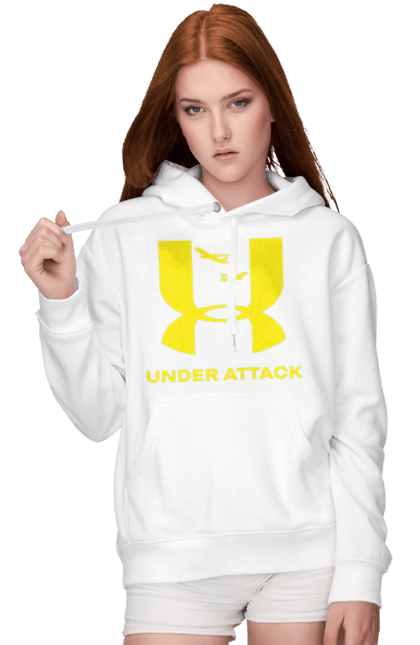 Жіноче худі з принтом "Under Attack yellow". Андер армор, бренди, гумор, приколи, прикольні, ундер армор. 2070702