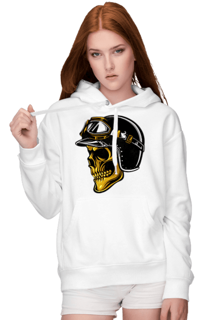 Женское худи с принтом Череп в мотошлеме. Крутой, очи, череп, шлем. 2070702