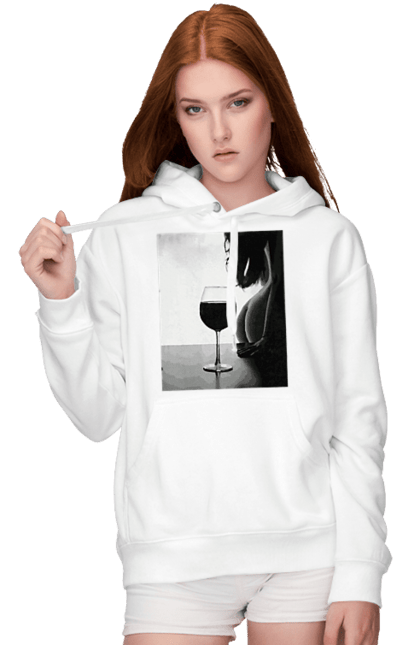 Women`s hoodie with prints A glass of wine. Expectation, friday again, grace, woman`s body. 2070702