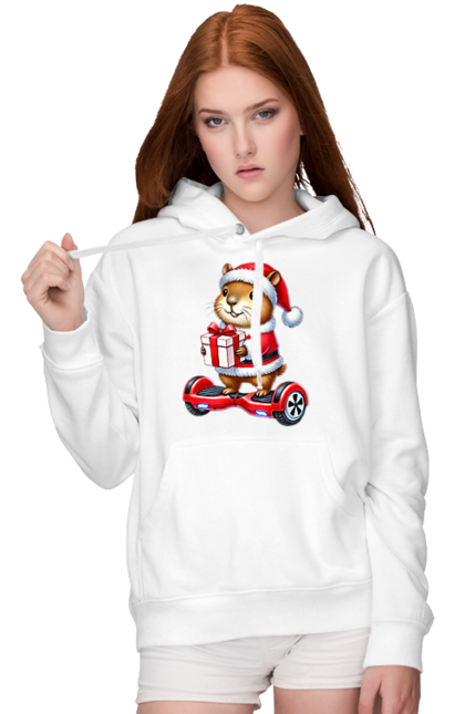 Women's hoodie with prints Christmas Capybara with a Gift. Animal, capybara, christmas, christmas capybara, gift, holiday, new year, new year`s gift, santa. 2070702