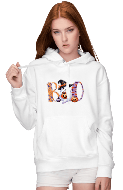 Women's hoodie with prints Halloween Ghost. Costume, ghost, halloween, holiday, october, october 31, scary, sweets, trick or treat. 2070702