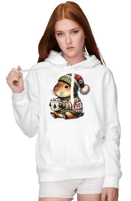 Women's hoodie with prints Capybara with hot chocolate. Animal, capybara, christmas, christmas capybara, gift, holiday, hot chocolate, new year, santa. 2070702