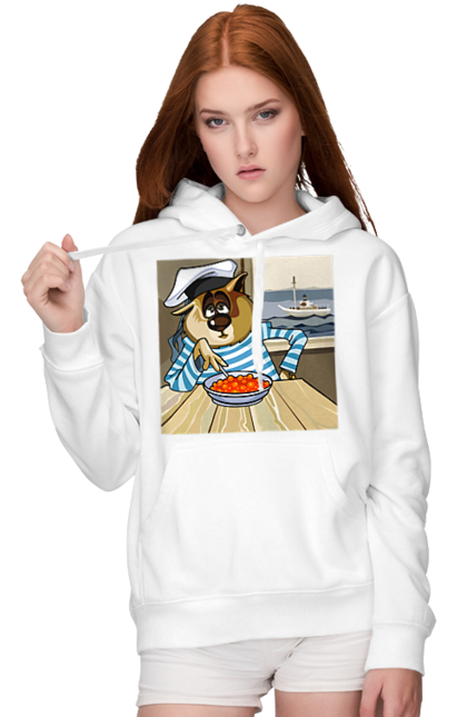 Women`s hoodie with prints Cat Sailor, On The Ship Eats Red Caviar. Cat, caviar, sailor, ship. 2070702