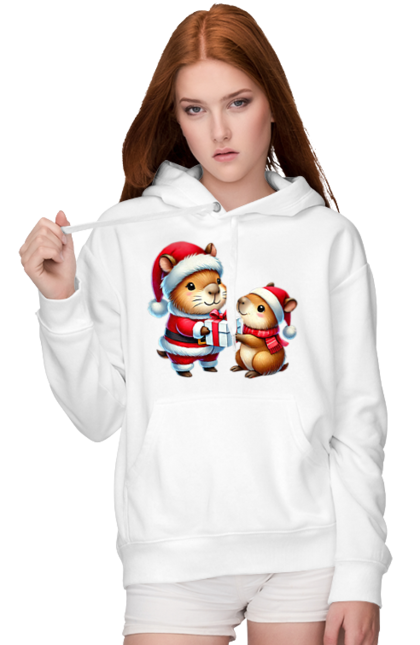 Women's hoodie with prints Christmas Capybara with a Gift. Animal, capybara, christmas, christmas capybara, gift, holiday, new year, new year`s gift, santa. 2070702