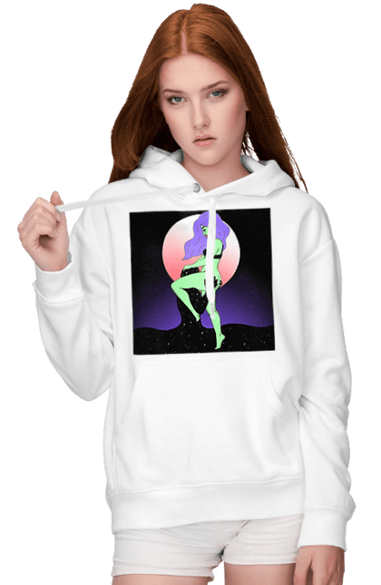 Women`s hoodie with prints Green Girl And The Moon. Alien, moon. 2070702