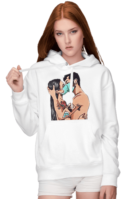 Women`s hoodie with prints Coronavirus Love. Coronavirus, kiss, love, mask, quarantine. 2070702