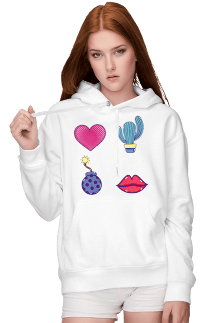 Жіноче худі з принтом "Серце, Кактус, Бомба, Губи". Бомба, губи, кактус, серце. 2070702