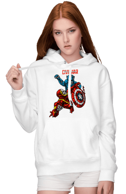 Women's hoodie with prints Iron Man vs Captain America. Avengers, captain america, civil war, comic, comics, film, iron man, marvel, marvel comics, tony stark. 2070702