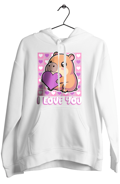 Women`s hoodie with prints Capybara in love. Capybara, cute animals, hearts, i love you, love, romance, romantic gift, valentine, valentine`s day. 2070702
