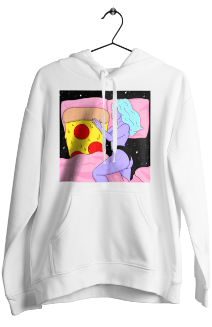 Жіноче худі з принтом "Фіолетова Дівчина І Піца". Дівчина, ліжко, піца. 2070702