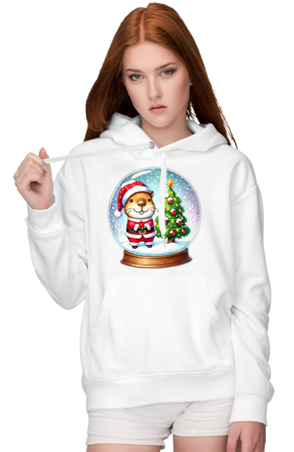 Women's hoodie with prints Christmas Capybara with a Tree. Animal, capybara, christmas, christmas capybara, christmas tree, gift, holiday, new year, new year`s gift, santa. 2070702