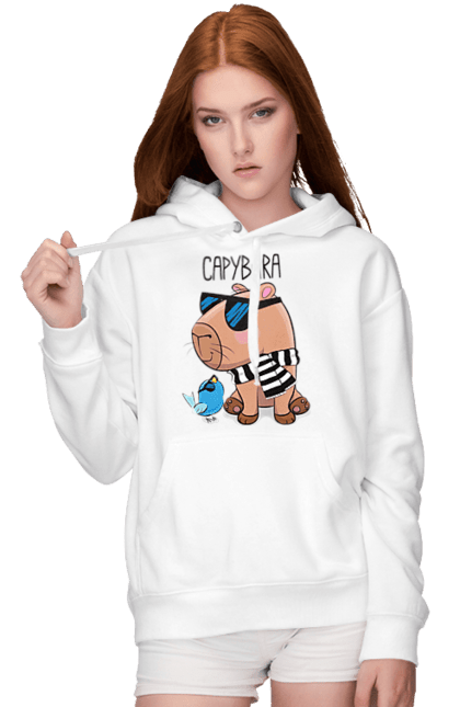 Жіноче худі з принтом "Стильна капібара". Капібара, модна капібара, настрій, окуляри, птах, сонячні окуляри, стильна капібара, тварина, шарф у смужку. 2070702