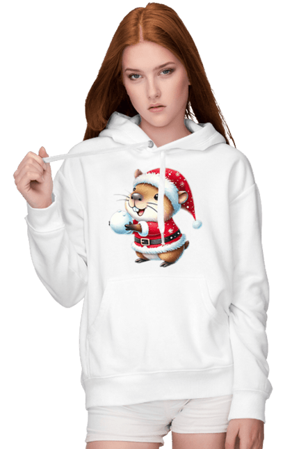 Women's hoodie with prints Capybara playing snowballs. Animal, capybara, christmas, christmas capybara, game, gift, holiday, new year, santa, snowballs. 2070702