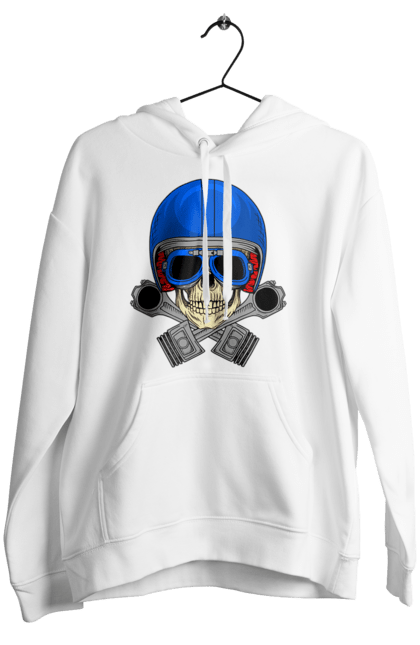 Женское худи с принтом Череп мотолюбитель. Байкер, очки, череп, шлем. 2070702