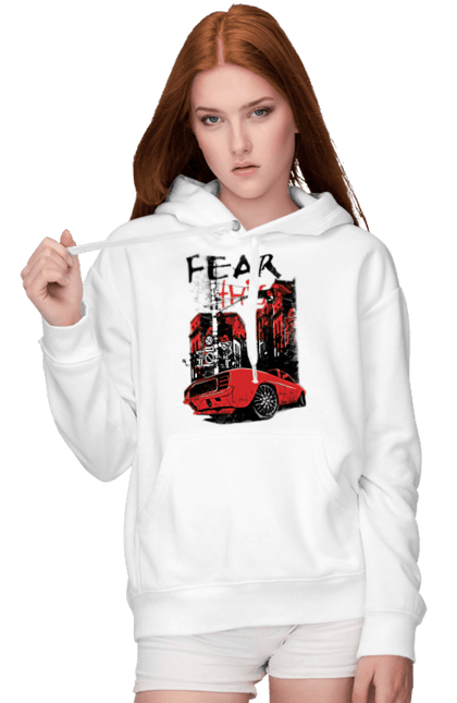 Жіноче худі з принтом "Червона Машина В Місті". Їзда, машина, місто. 2070702