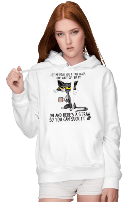 Жіноче худі з принтом "Як це пережити?". Велика склянка, випий, все відмінно, йди нахуй, кіт і кухоль, налий, роздум, смоктати, як це подолати. 2070702