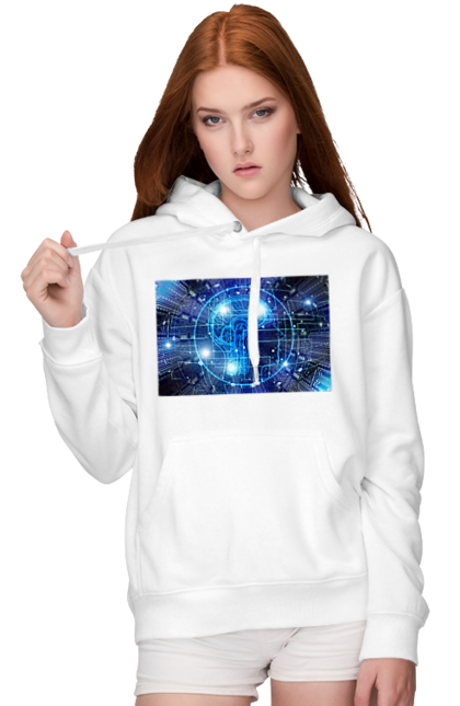 Жіноче худі з принтом "Штучний інтелект". Айті, айтішник, гік, знання, інженер, інтелект, кібер, кібернетика, кіборг, код, комп, комп`ютерник, кристал, машинне навчання, мікросхема, мозок, портрет, програміст, професіонал, професія, розробник, розум, хакер, чіп, штучний інтелект, штучний розум. 2070702