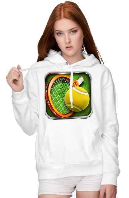 Жіноче худі з принтом "Теніс". Великий теніс, гравці, лондон, м`яч, призовий фонд, ракетка, спонсор, турнір на ґрунті, турнір на траві, турнірна сітка. 2070702