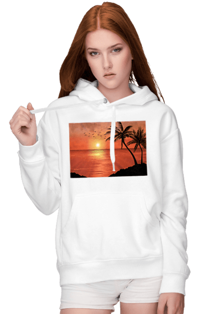 Жіноче худі з принтом "Захід Пальми Море". Берег, захід, море, пальми. 2070702