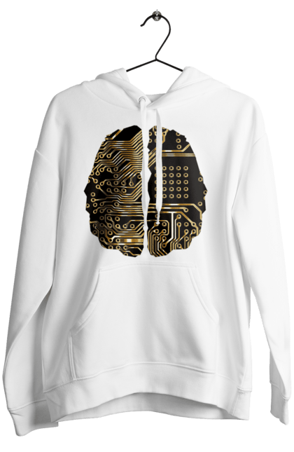 Жіноче худі з принтом "Мозок Айті". Айті, айтішник, гик, знання, золотий, золото, інженер, кібер, кібернетика, кіборг, код, комп, кристал, мікросхема, мозок, програміст, професіонал, професія, розробник, розум, чіп. 2070702