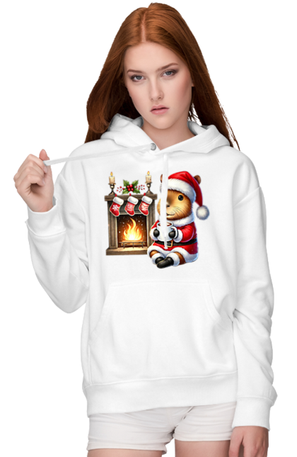 Women's hoodie with prints Capybara by the fireplace with hot chocolate. Animal, capybara, christmas, christmas capybara, fireplace, gift, holiday, hot chocolate, new year, santa. 2070702