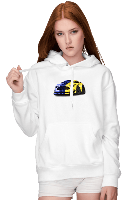 Women`s hoodie with prints Ukrainian mustang. Colors of ukraine, ford mustang, machine, mustang, shelby, supercar, yellow blue car. 2070702