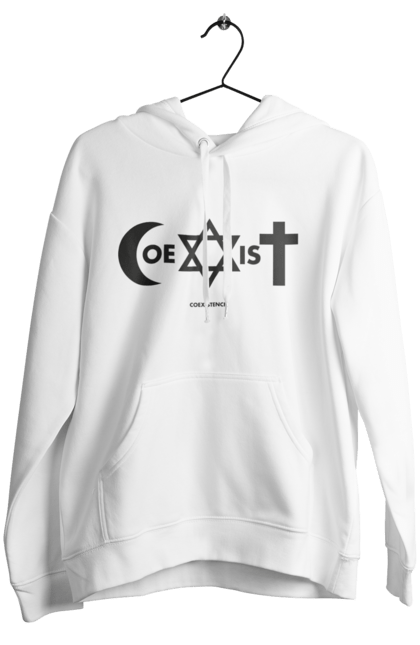 Жіноче худі з принтом "Coexist". Coexist, іслам, іудаїзм, міжрелігійний діалог, релігія, рівність, символи віри, толерантність, християнство. 2070702