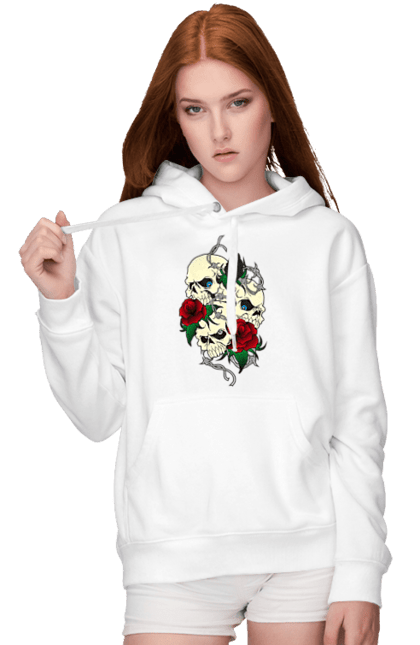 Женское худи с принтом Черепа с розами. Глаза, зубы, кости, листья, роза, розы, цветы, череп, шипы. 2070702
