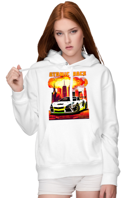 Women`s hoodie with prints Atomic race. Atomic race, automobile, car, race, racing cars, sport car, sports car. 2070702