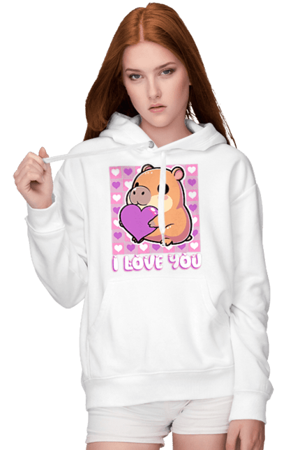 Women`s hoodie with prints Capybara in love. Capybara, cute animals, hearts, i love you, love, romance, romantic gift, valentine, valentine`s day. 2070702