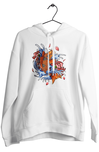 Women`s hoodie with prints Fish and waves. Fish, flower, wave. 2070702