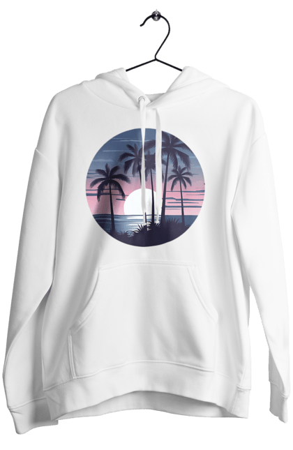 Жіноче худі з принтом "Пальмовий пляж  На заході сонця". Море, пальма, пальми, пальмовий пляж, пляж. CustomPrint.market