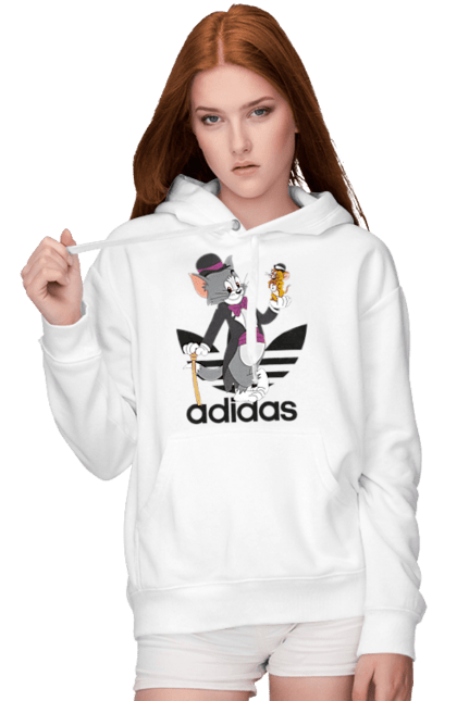 Женское худи с принтом Adidas Том и Джерри. Adidas, tom and jerry, адидас, джерри, кот, мульт, мультсериал, мышь, том, том и джерри. 2070702