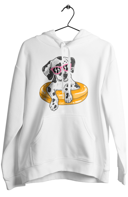 Women`s hoodie with prints Dalmatian Swims In A Circle. Dalmatian, dog, glasses, to swim. 2070702