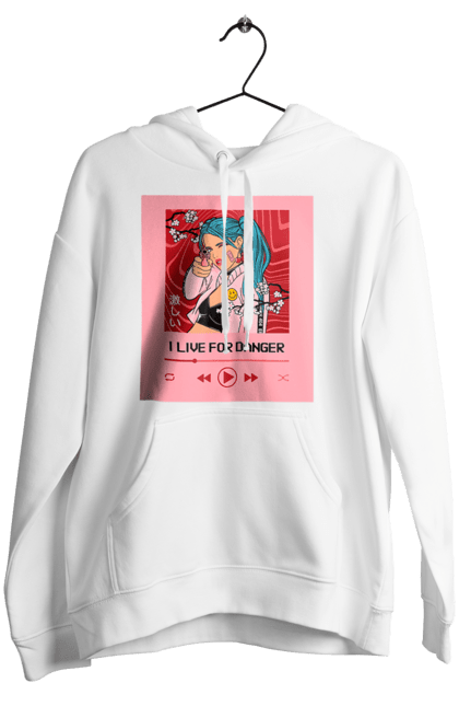 Women`s hoodie with prints I Live For Danger. Anime, music, pistol, turntable. 2070702