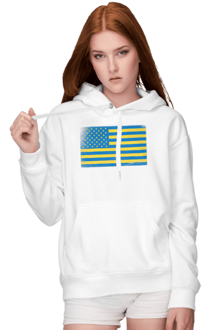 Жіноче худі з принтом "Український прапор США". Америка, американський прапор, жовто-блакитний, жовто-блакитний прапор, національний, прапор америки, прапор україни, прикол, сполучені штати, сша, україна, український прапор. Print Shop