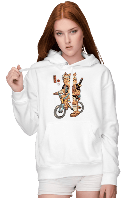 Жіноче худі з принтом "Кіт на велосипеді". Велосипед, кинжал, китайський кіт, кіт, самурай, шабля, японський кіт. CustomPrint.market