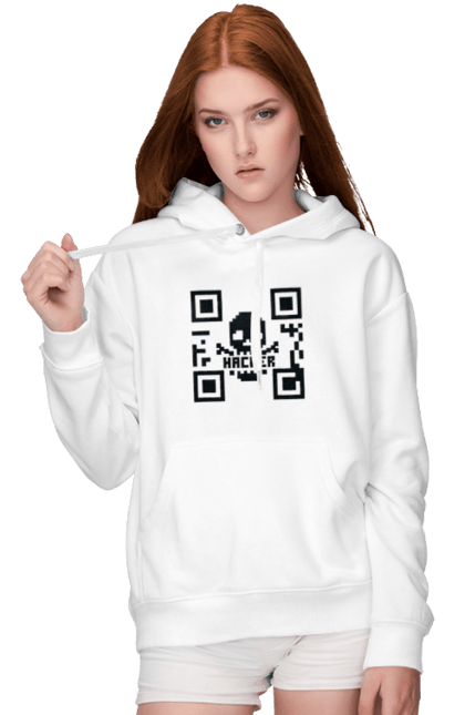Жіноче худі з принтом "Хакер hacker". Geek, hacker, ios, qr code, qr код, ай ті, айтішник, геймер, гік, іт, мем, позитив, пранк, програміст, розробник, хакер. 2070702
