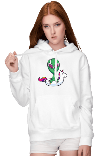 Women`s hoodie with prints Alien Floats In A Circle. Alien, inflatable circle, to swim. 2070702