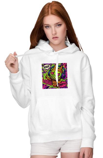 Жіноче худі з принтом "Лабубу". Вечірка, вуличне мистецтво, графіті, зоряніочі, коміксстиль, лабубу, навушники, неон, попарт, рейв. 2070702