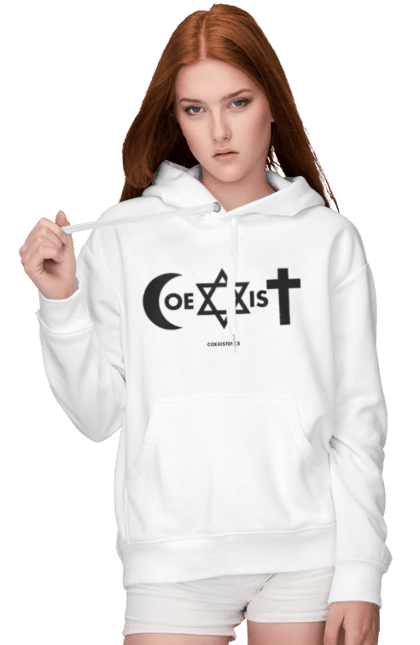 Женское худи с принтом Coexist. Coexist, ислам, иудаизм, межрелигиозный диалог, равенство, религия, символы веры, толерантность, христианство. 2070702